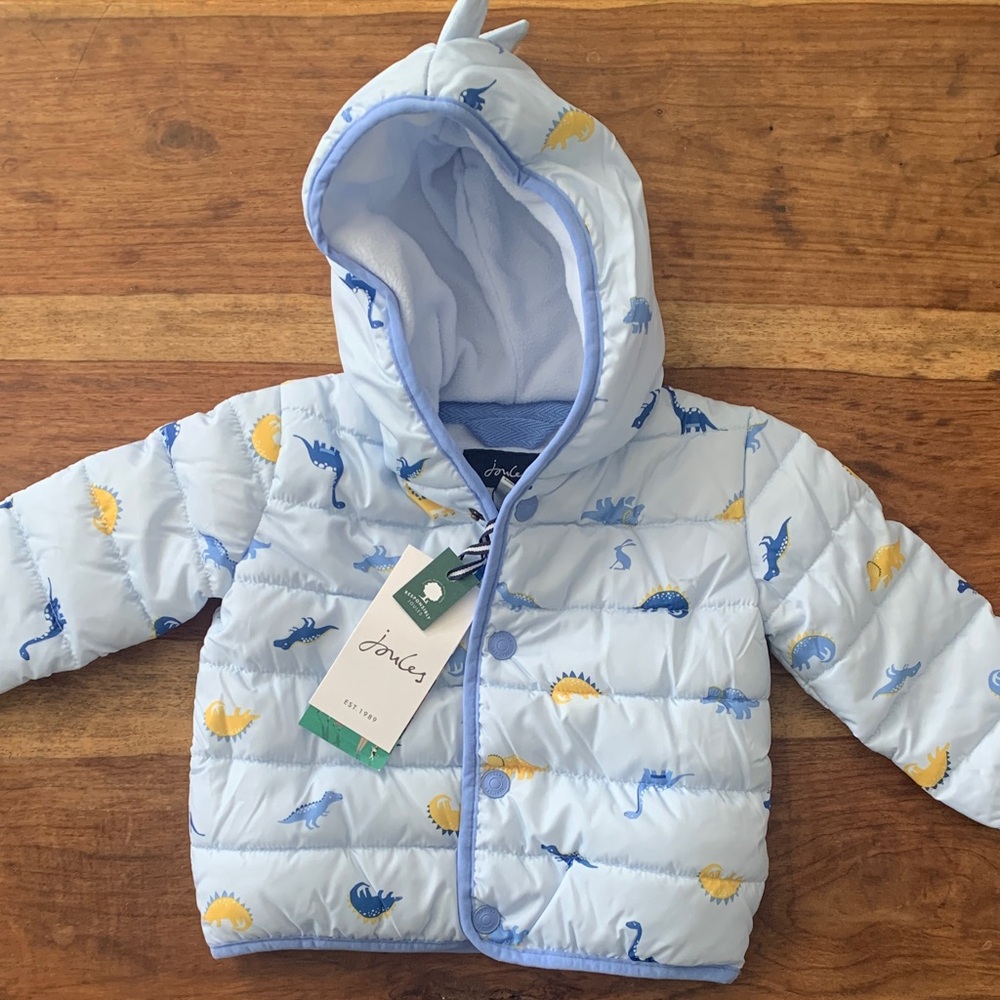 NWT Joules Light Blue Dinosaur Print Puffer Jacket